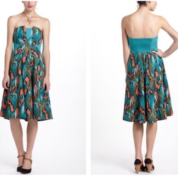Anthropologie Girls From Savoy Teal Painted Ikat Strapless Dress Southwest Sz 4 - Picture 10 of 15